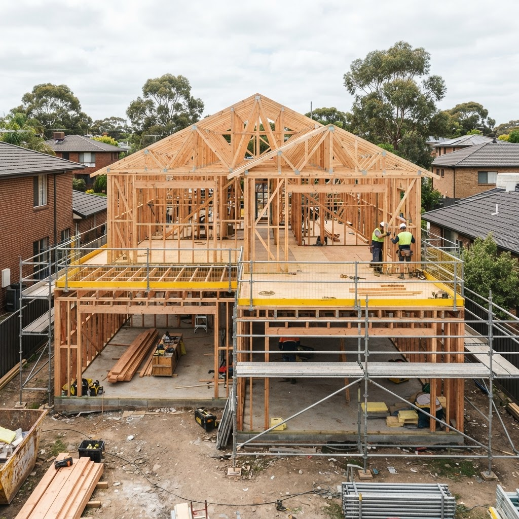 Double-storey Australian home under construction with detailed timber framing